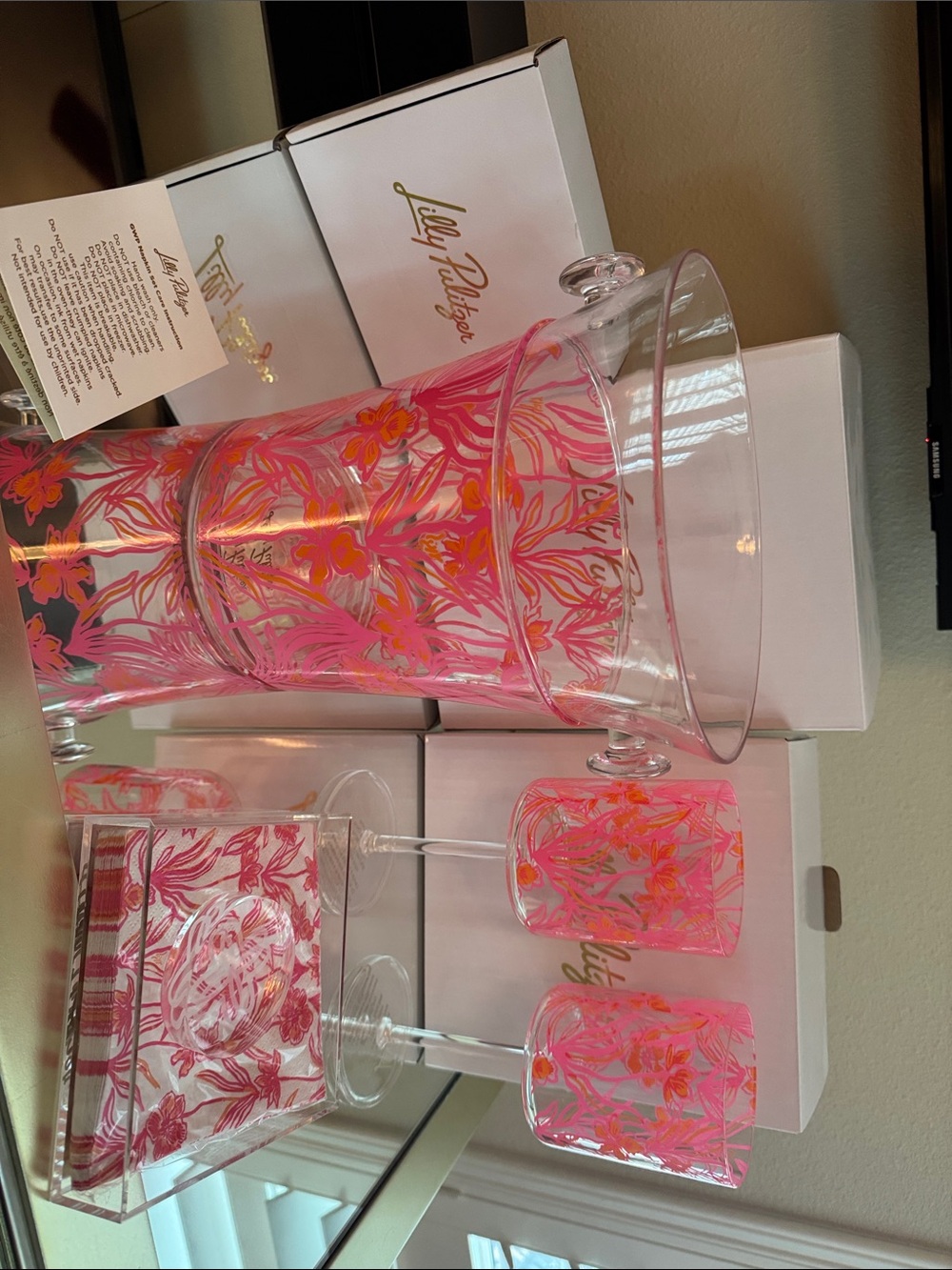 Lilly Pulitzer Pink & Orange Floral Glass Drink Set with Tray